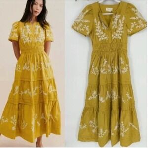 Anthropologie Embroidered Tiered Maxi Dress Size Large Boho Floral Holiday Party